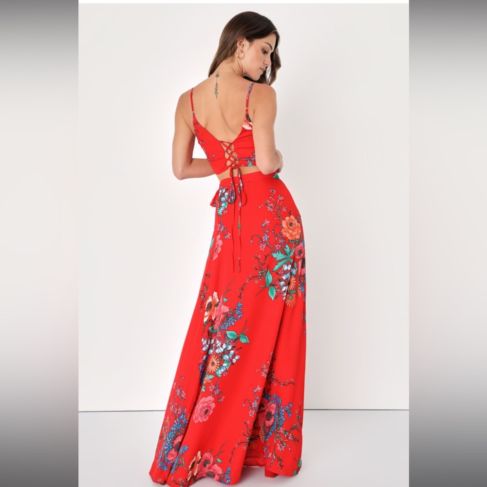 Lulu's Red Floral Maxi Dress - Picture 4 of 10